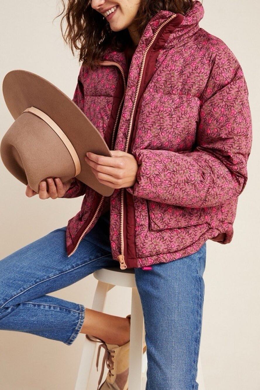 Anthropologie Numph Lillie Floral Puffer Jacket Pink Red XSP
